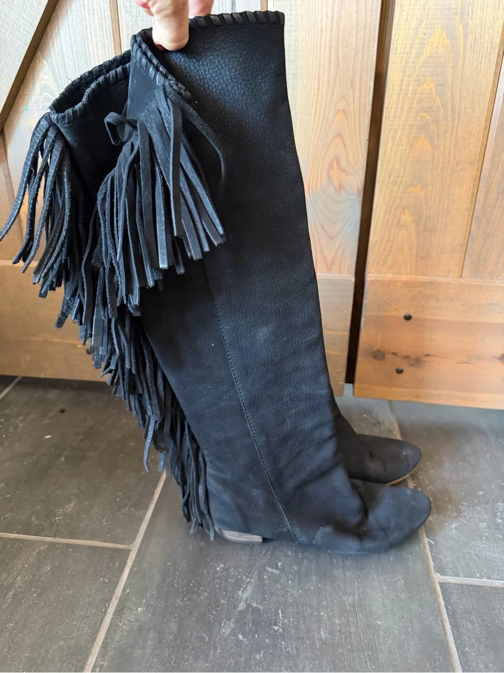 American Vintage Black Over-the-Knee Fringe Leather Boots